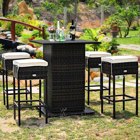预发布站点、【Home&Garden】Patiojoy 5PCS Patio Rattan Bar Table Stool Set Hidden Storage Shelf Soft HW68244+、-12345