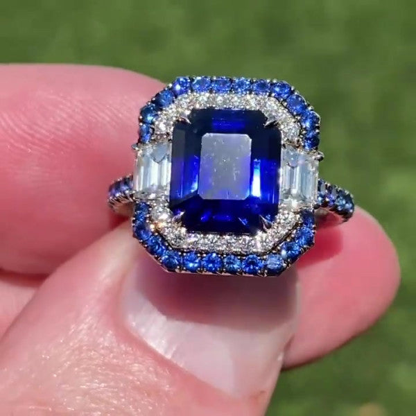 预发布站点、5ct Double Halo Emerald Cut Blue Sapphire Engagement Ring、testother-12345