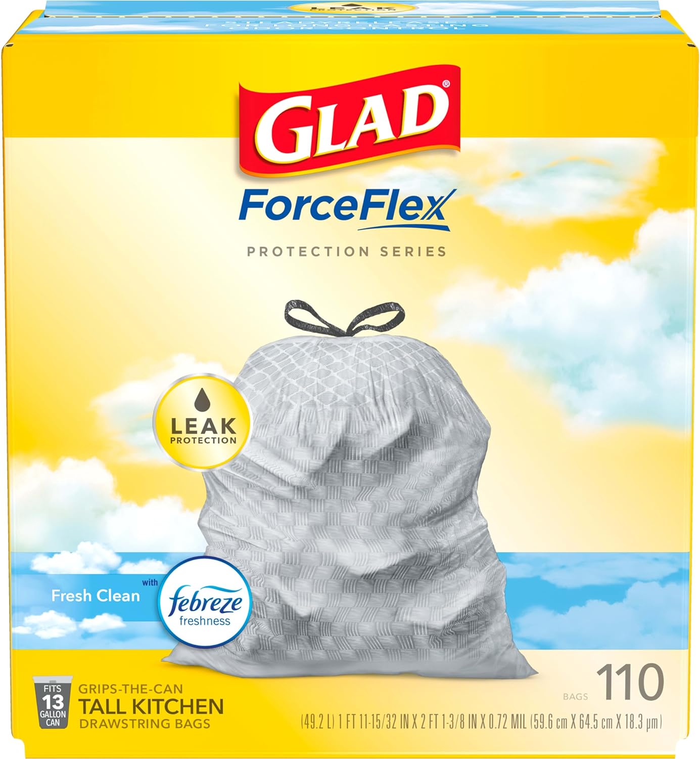 Glad Trash Bags, ForceFlex Tall Kitchen Drawstring Garbage Bags, 13 Gal, Fresh Clean Scent with Febreze, 110 Ct (Packaging May Vary)111mysite