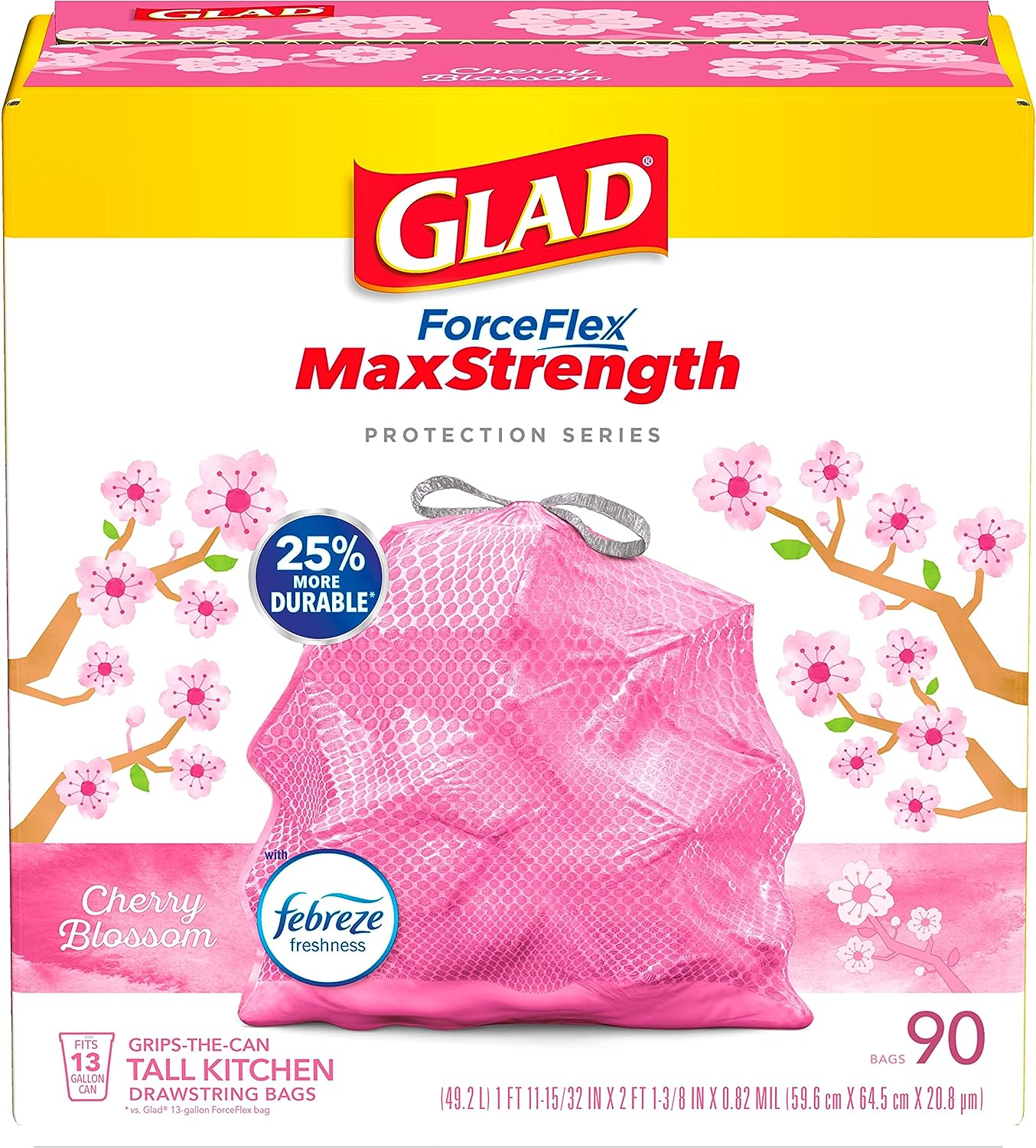 Glad ForceFlex MaxStrength Tall Kitchen Drawstring Trash Bags, 13 Gallon, Cherry Blossom with Febreze Freshness, 90 Count111mysite