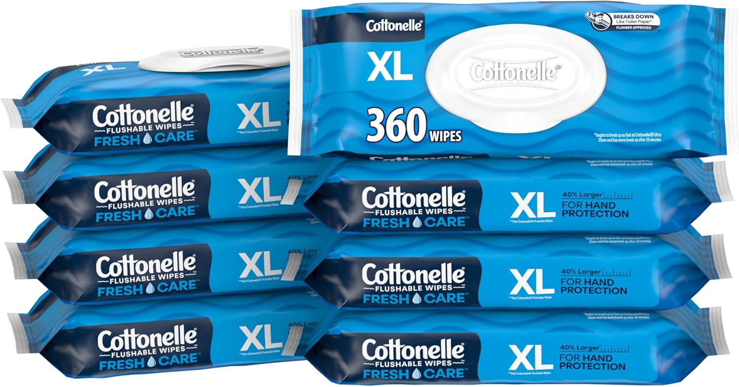 Cottonelle XL Flushable Wet Wipes, Adult Wipes Large, 8 Flip-Top Packs, 45 Wipes Per Pack (360 Total Wipes), Packaging May Vary111mysite