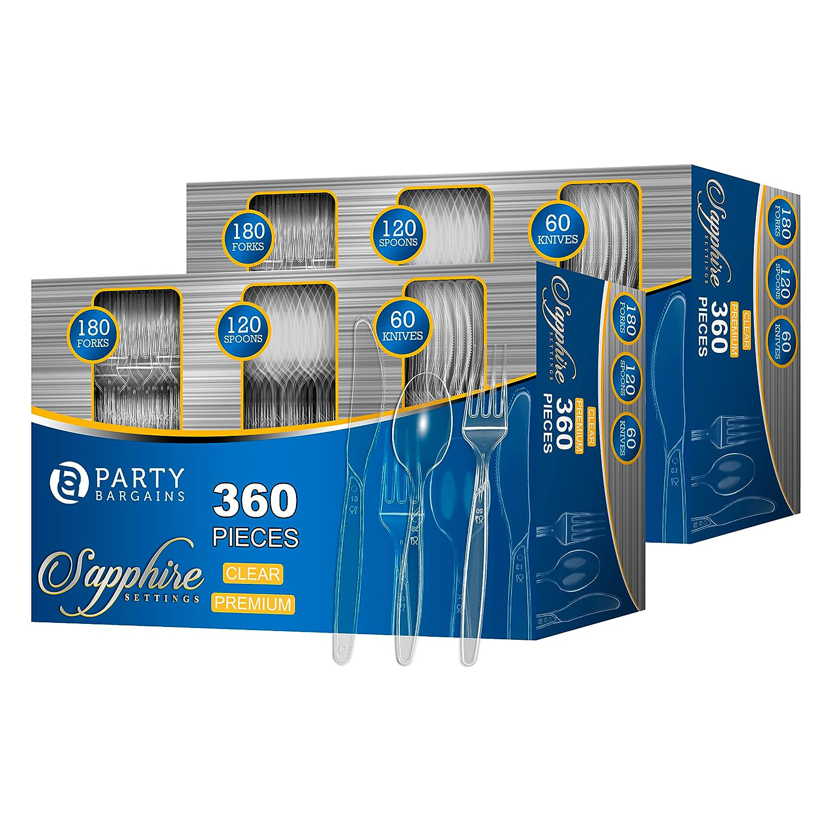 Party Bargains Disposable Cutlery set, SAPPHIRE Design, Clear Color, 360 Pieces: 180 Forks, 120 Spoons, 60 Knives111mysite