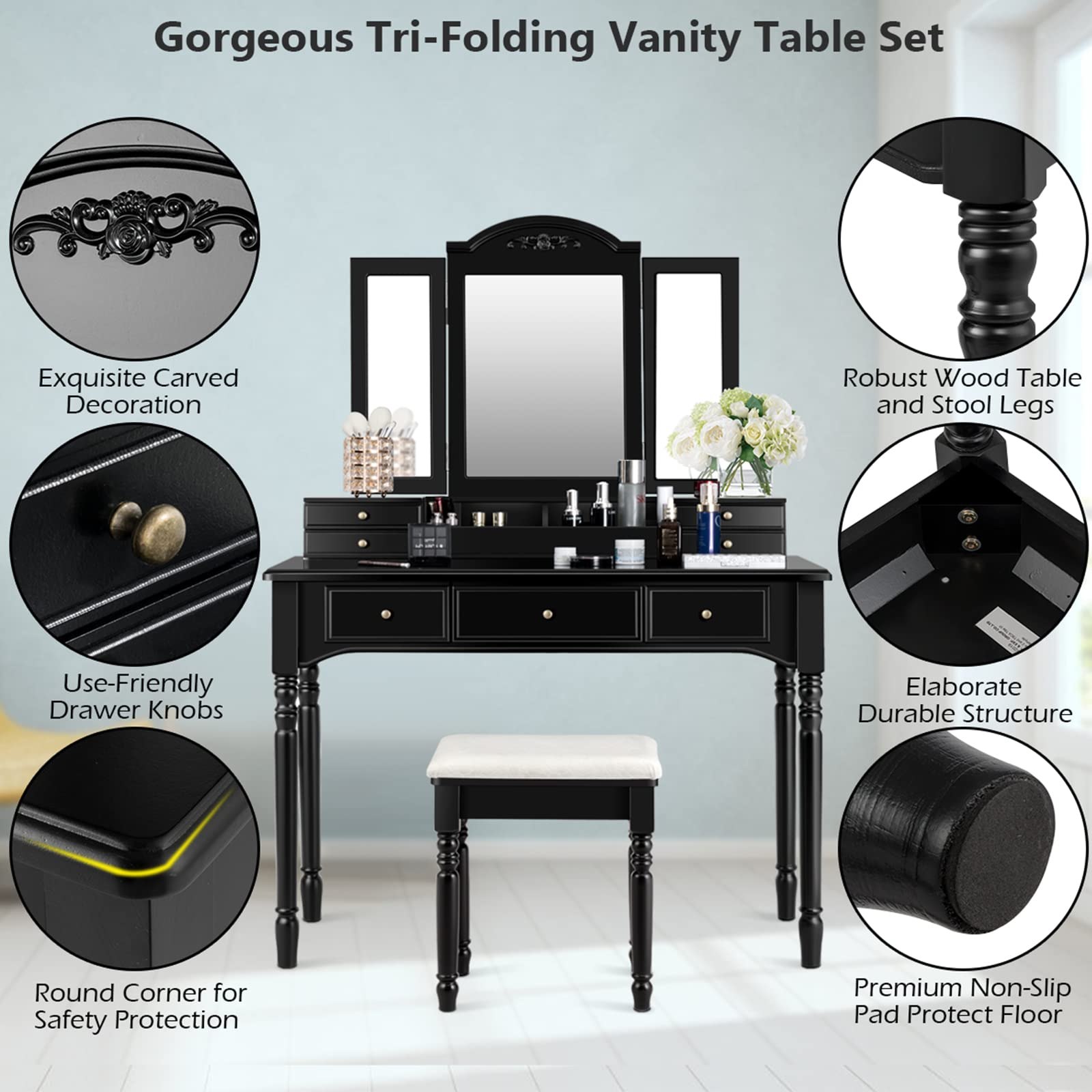 预发布站点、【Furniture】Vanity Desk Set, Dressing Table with Trifold Mirror, 8 Necklace Hooks, 7 Drawers、mysite-12345