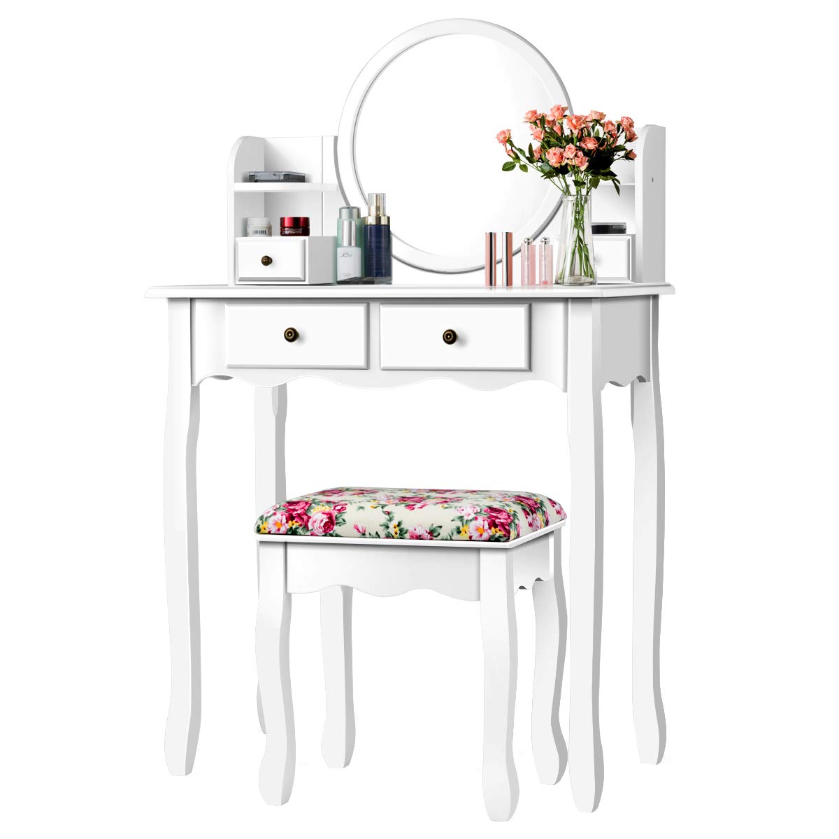 预发布站点、【Furniture】4 Storage Shelves and 4 Drawers, Makeup Table with 360° Pivoted Round Mirror、mysite-12345