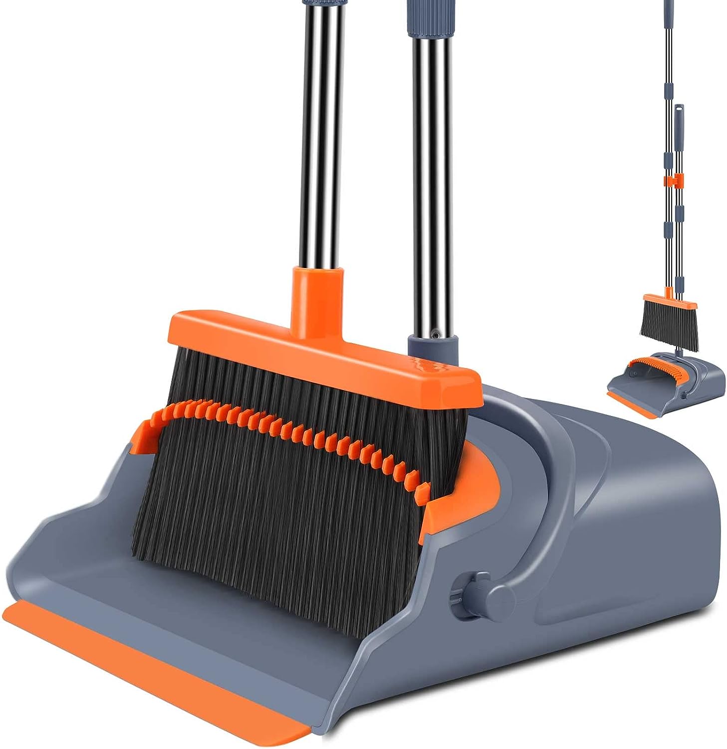 kelamayi Upgrade Stand Up Broom and Dustpan Set, Self-Cleaning with Dustpan Teeth, Ideal for Dog Cat Pets Home Use, Super Long Handle (Gray&Orange)111mysite