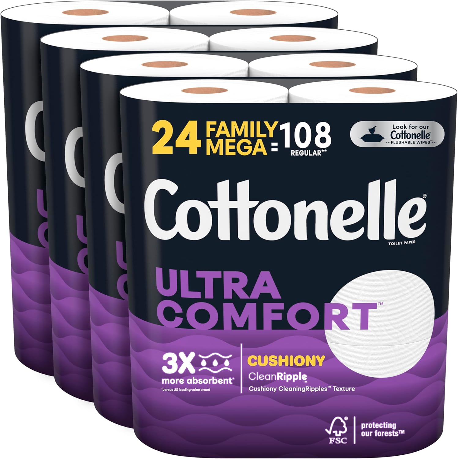 Cottonelle Ultra Comfort Toilet Paper with Cushiony CleaningRipples Texture, 24 Family Mega Rolls (24 Family Mega Rolls = 108 Regular Rolls) (4 Packs of 6), 296 Sheets per Roll, Packaging May Vary111mysite