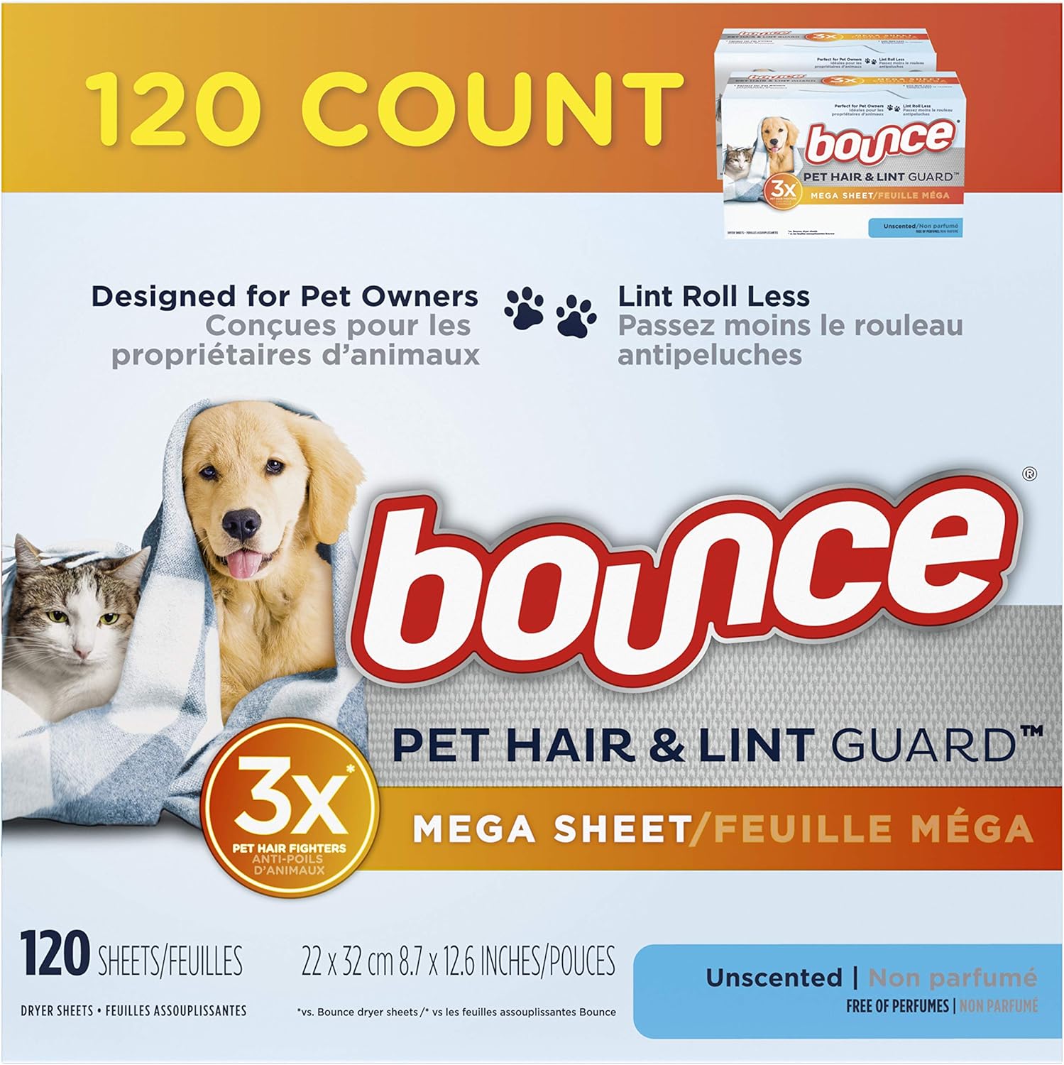 Bouce Bounce Pet Hair and Lint Guard Mega Dryer Sheets for Laundry, Fabric Softener with 3X Pet Hair Fighters, Unscented, Hypoallergenic, 120 Count111mysite