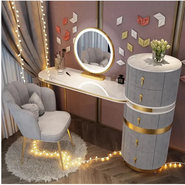 预发布站点、【Furniture】Dressing Table Set with Round Mirror 2 Large Drawers with Round Sliding Rails Padded Stool、mysite-12345