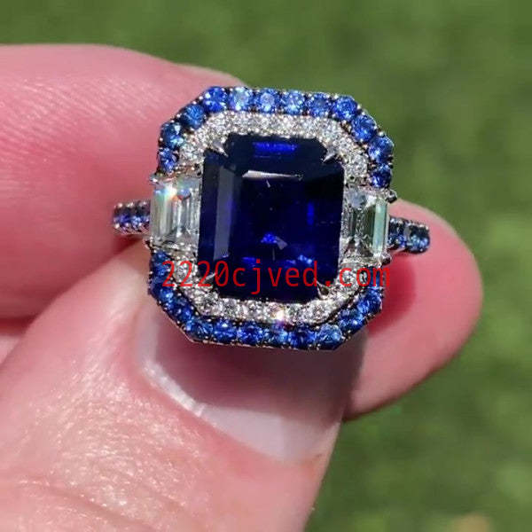 预发布站点、5ct Double Halo Emerald Cut Blue Sapphire Engagement Ring、testother-12345