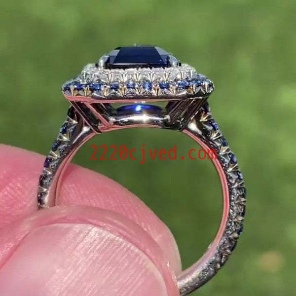 预发布站点、5ct Double Halo Emerald Cut Blue Sapphire Engagement Ring、testother-12345