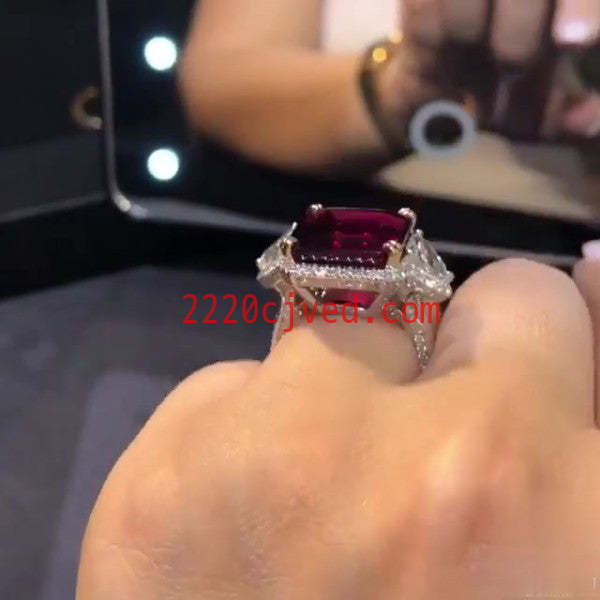 预发布站点、5.45ct Three-stone Emerald Cut Ruby Engagement Ring、testother-12345
