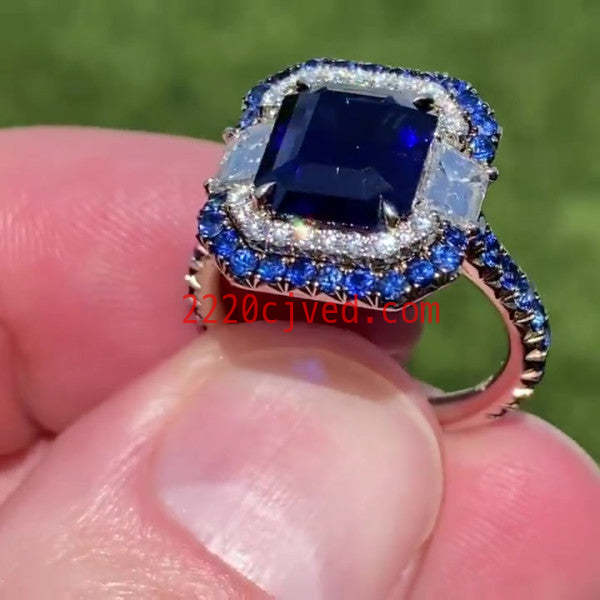 预发布站点、5ct Double Halo Emerald Cut Blue Sapphire Engagement Ring、testother-12345